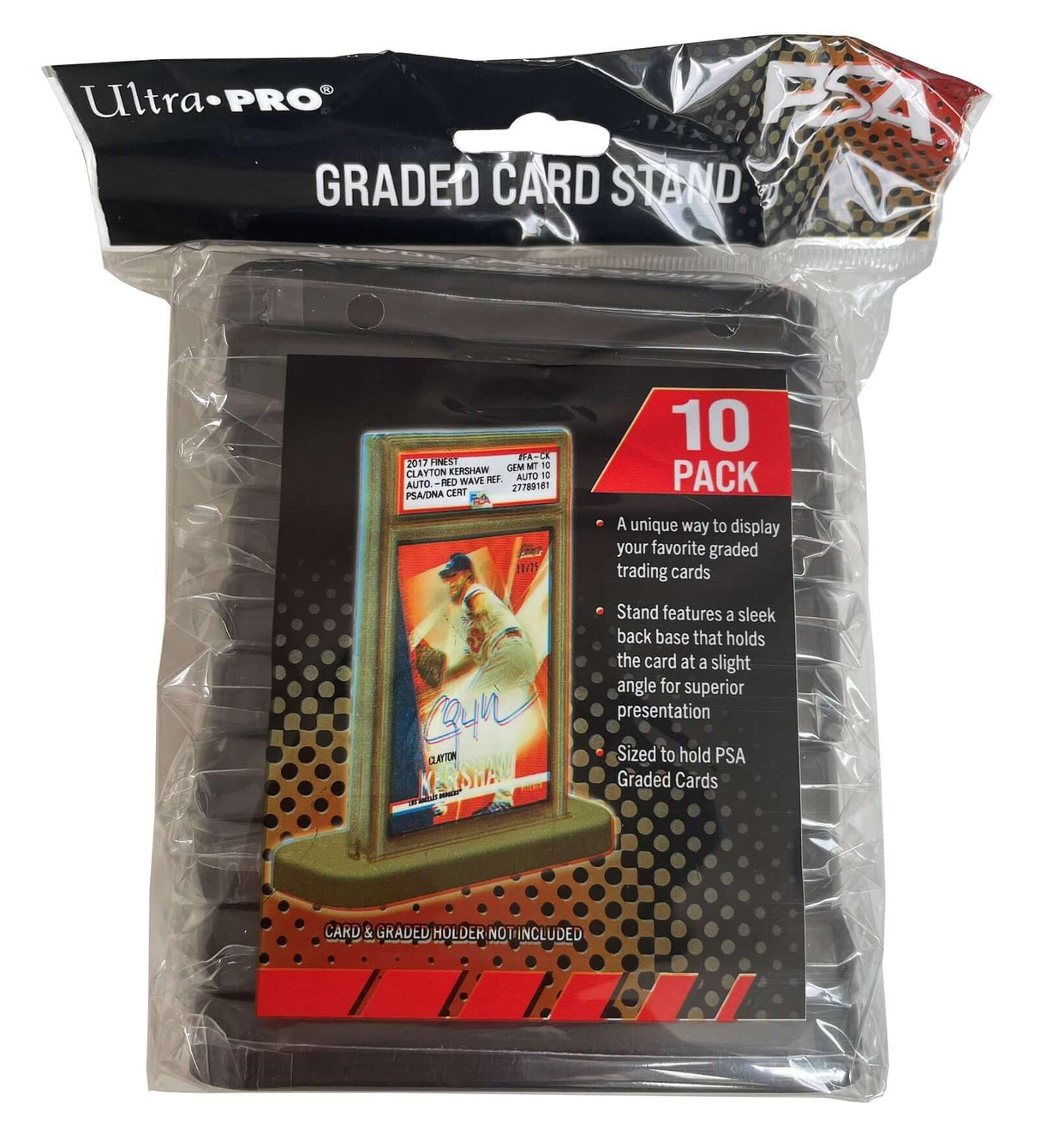 Accessoires The PSA® Graded Card Stands are a great way to display your treasured graded cards. The all black base is designed to hold your favorite collectible card in place at a slight angle for superior presentation. This card stand is compatible with