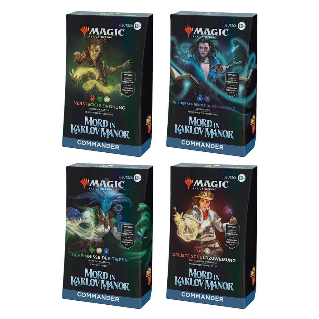 MTG This bundle includes all 4 Murders at Karlov Manor Commander Decks—Deadly Disguise, Revenant Recon, Deep Clue Sea, and Blame Game. Each deck set includes 1 ready-to-play deck of 100 Magic cards (2 Traditional Foil Legendary cards, 98 nonfoil cards), a