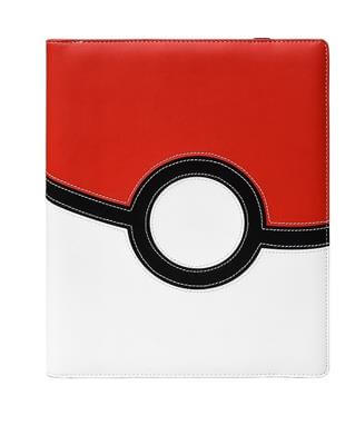Pokémon 9-pocket Premium PRO-Binder with debossed Pokémon logo and stitched iconic Pokéball artwork. Cover is designed with padded leatherette look. Black web material gives cards a classic framed look and is embossed for easy slide-in of cards. Side load