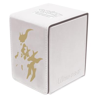 Pokémon Alcove Flip Boxes for Pokémon feature a debossed image of Arceus in a leatherette finish with foil detailing; a strong magnetic closure; and dual thumb notches for easy access to your deck. This deck box holds up to 100 standard size trading cards