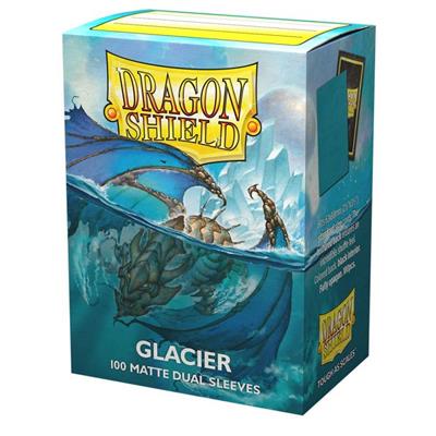 Accessoires Glacier, immense and frosty.Dragon Shield Matte Dual sleeves. Clear front and a textured matte back. Fully opaque sleeves with a black interior, an elegant backdrop for black bordered cards.The sturdy cardboard box fits 75+ single sleeved card