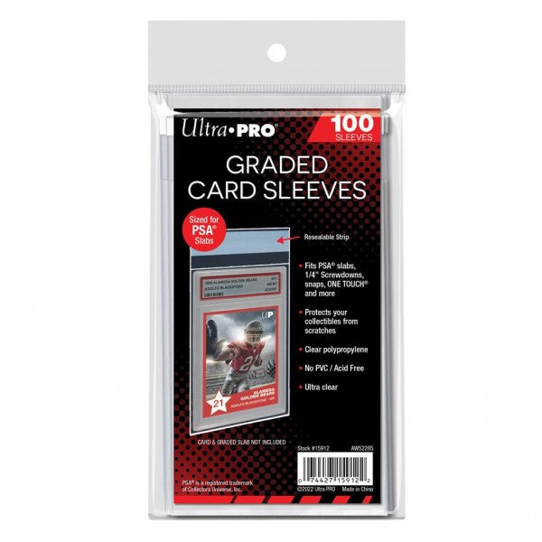Accessoires Ultra clear, archival-grade sleeve sized to hold PSA® Graded Slabs. Keeps graded card and its holder clean and safe. Protects the graded card holder from scratches. Sleeve can also hold 1/4" Screwdowns, Snaps, ONE-TOUCHES and more. Resealable