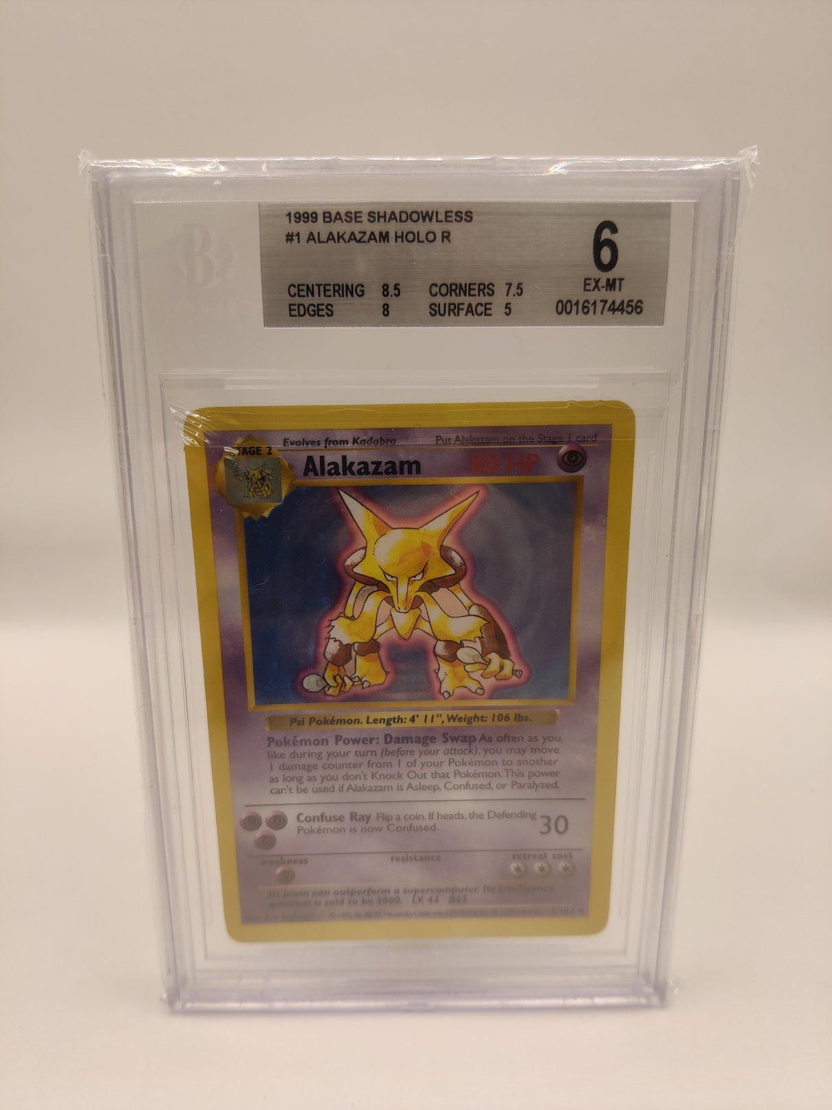 Singles Naam: AlakazamSet: Base SetTaal: EngelsNummer: 1/102Grading bedrijf: BGS (Beckett)Grade: 6