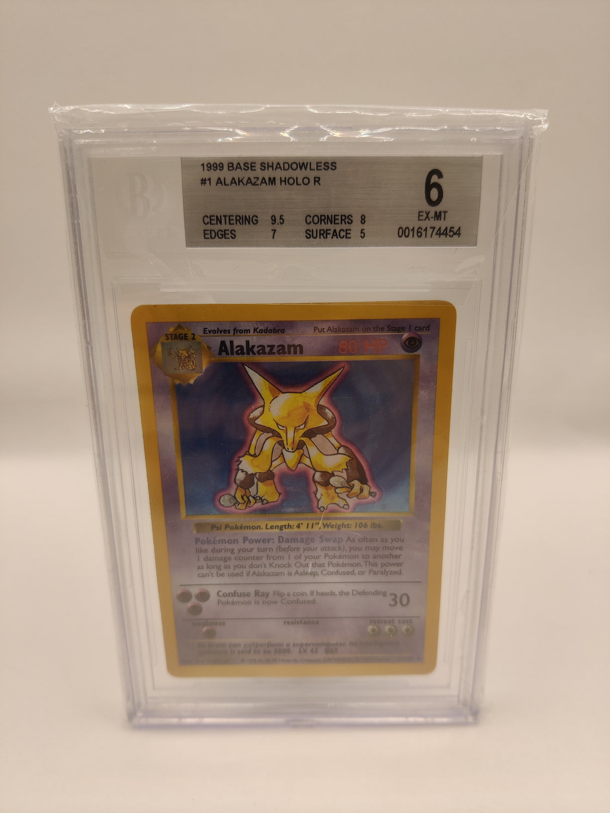 Singles Naam: AlakazamSet: Base SetTaal: EngelsNummer: 1/102Grading bedrijf: BGS (Beckett)Grade: 6