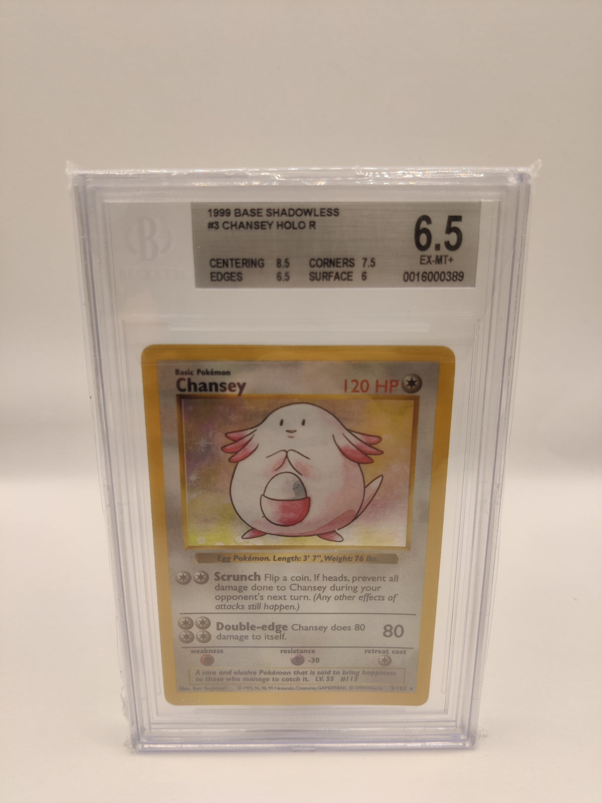 Singles Naam: ChanseySet: Base SetTaal: EngelsNummer: 3/102Grading bedrijf: BGS (Beckett)Grade: 6.5