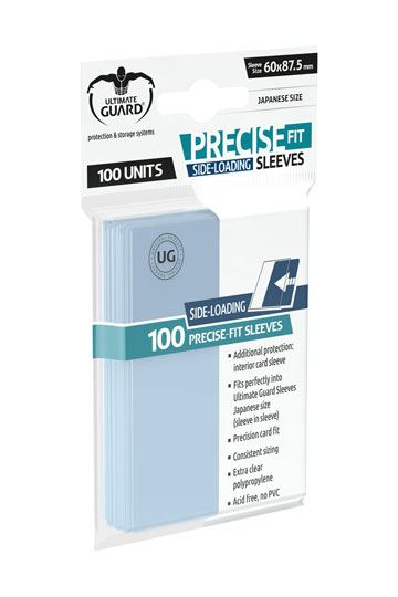 Accessoires These sleeves with side-loading design for hassle-free double-sleeving fit perfectly into ULTIMATE GUARD Sleeves (sleeve in sleeve). Perfect for Yu-Gi-Oh!™, Naruto™ and many other Japanese-sized cards. 100 sleeves per pack. Hassle-Free Side-Lo