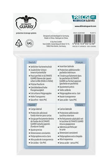 Accessoires These sleeves with side-loading design for hassle-free double-sleeving fit perfectly into ULTIMATE GUARD Sleeves (sleeve in sleeve). Perfect for Yu-Gi-Oh!™, Naruto™ and many other Japanese-sized cards. 100 sleeves per pack. Hassle-Free Side-Lo