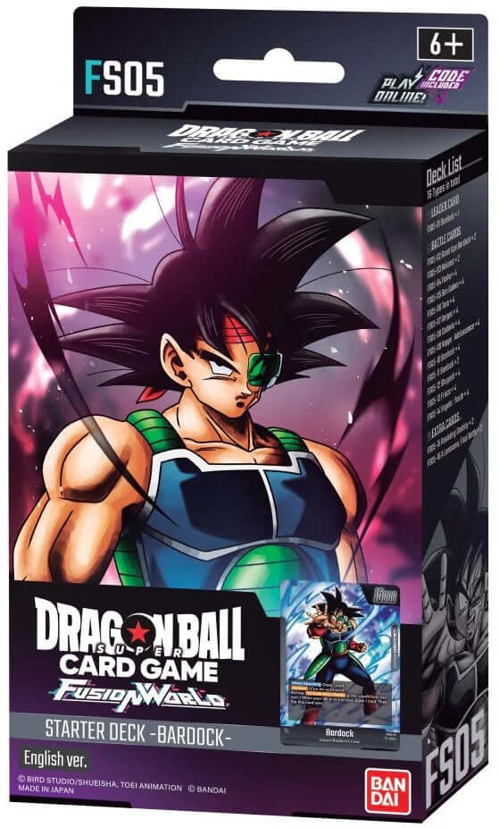 Dragon Ball Bandai FS05 Dragon Ball Super Card Game Fusion World Starter Deck Bardock. This starter deck is designed to bring you straight into the heat of battle with an exclusive set of cards featuring Bardock and other iconic Dragon Ball characters.Set