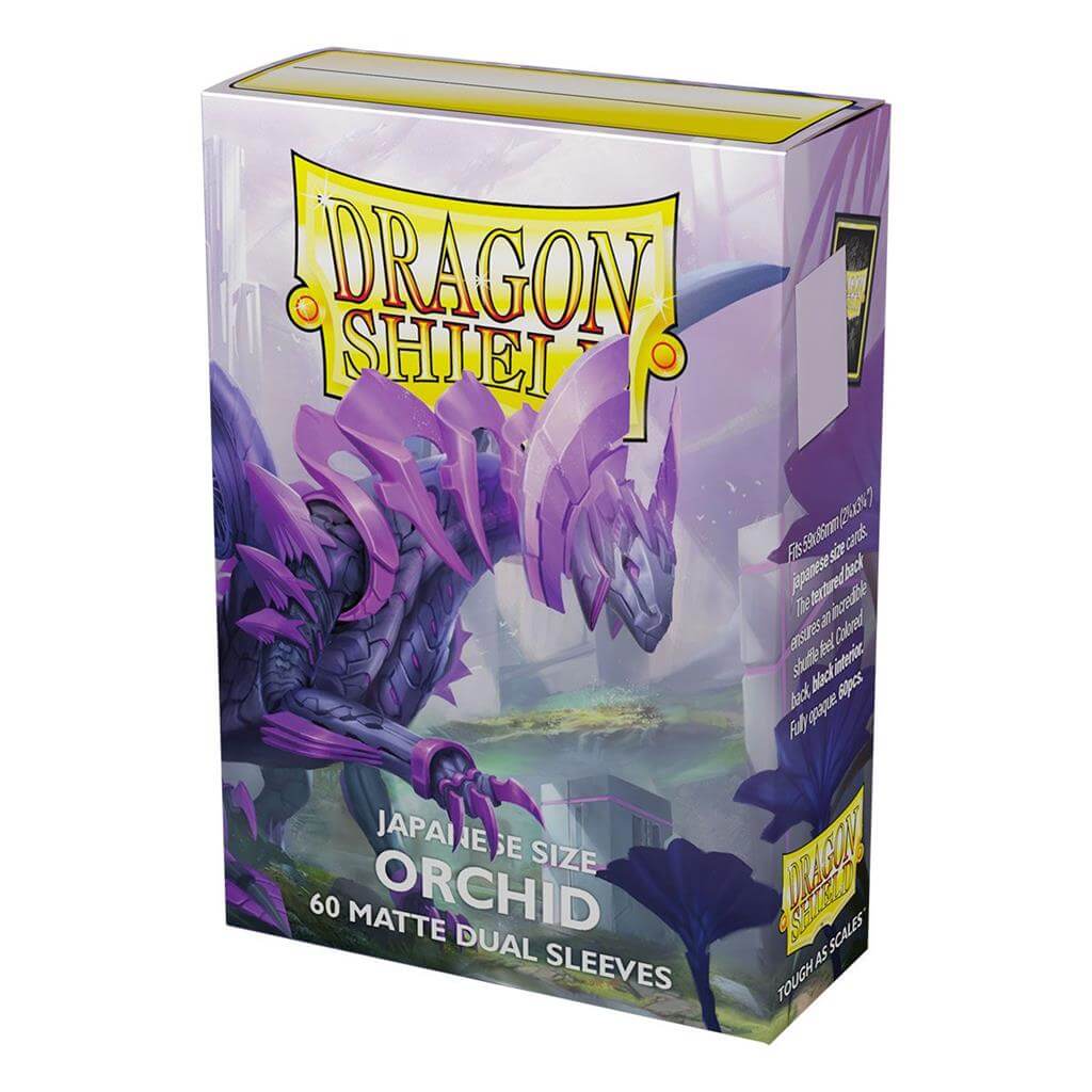 Accessoires Orchid, sweet and uplifting: Japanese size Dragon Shield Dual Matte sleeves. Clear front and a textured matte back. Fully opaque sleeves with a black interior, an elegant backdrop for black bordered cards.Comes in a box with 60 sleeves. The St