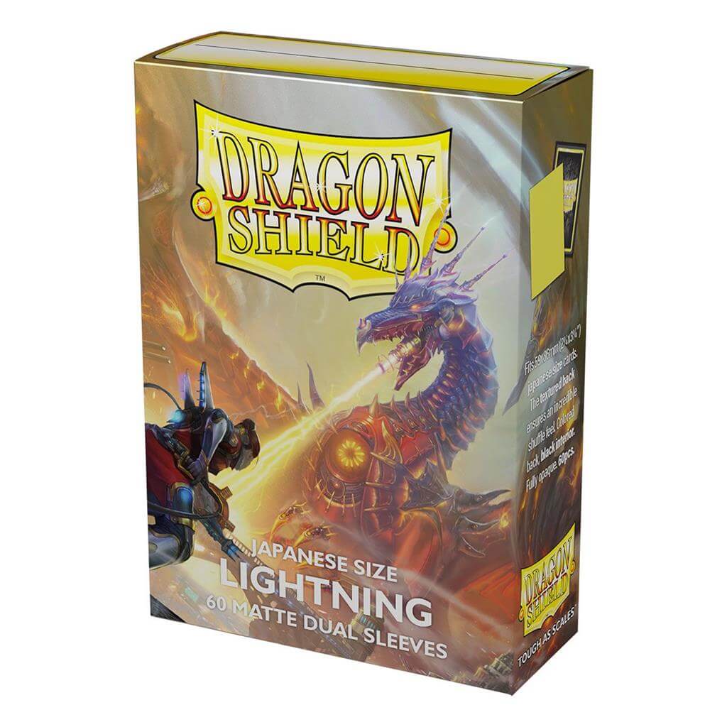 Accessoires Lightning, bold and impactful: Japanese size Dragon Shield Dual Matte sleeves. Clear front and a textured matte back. Fully opaque sleeves with a black interior, an elegant backdrop for black bordered cards.Comes in a box with 60 sleeves. The