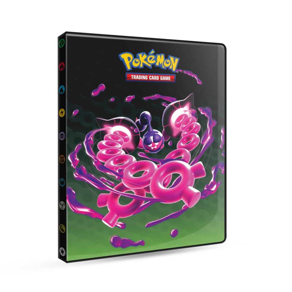 Pokémon 9-Pocket Portfolios for Pokémon feature a vibrant, full-art cover of Pecharunt and The Loyal Three (Okidogi, Munkidori, and Fezandipiti) from Pokémon Scarlet and Violet. Each portfolio stores and protects up to 126 standard size cards single-loade