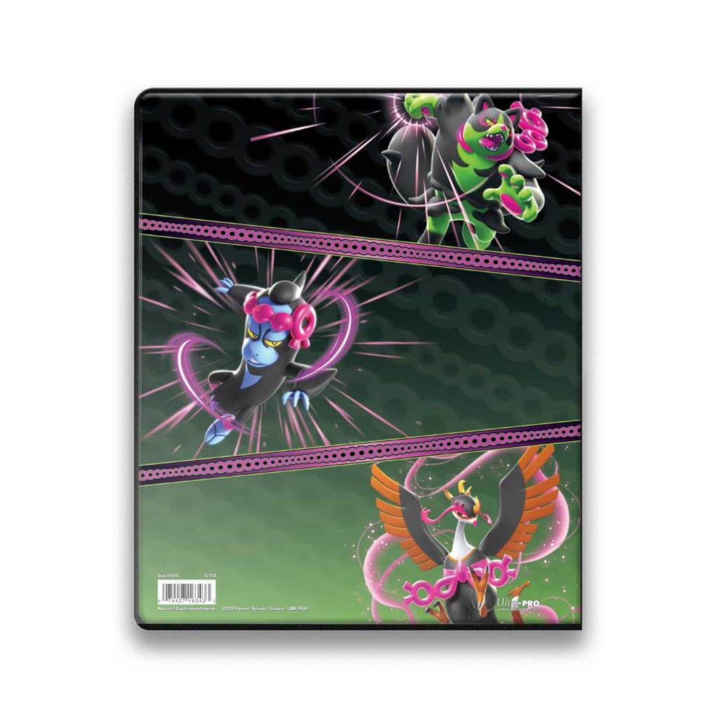 Pokémon 9-Pocket Portfolios for Pokémon feature a vibrant, full-art cover of Pecharunt and The Loyal Three (Okidogi, Munkidori, and Fezandipiti) from Pokémon Scarlet and Violet. Each portfolio stores and protects up to 126 standard size cards single-loade