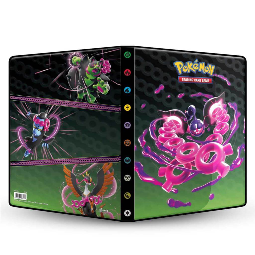 Pokémon 9-Pocket Portfolios for Pokémon feature a vibrant, full-art cover of Pecharunt and The Loyal Three (Okidogi, Munkidori, and Fezandipiti) from Pokémon Scarlet and Violet. Each portfolio stores and protects up to 126 standard size cards single-loade