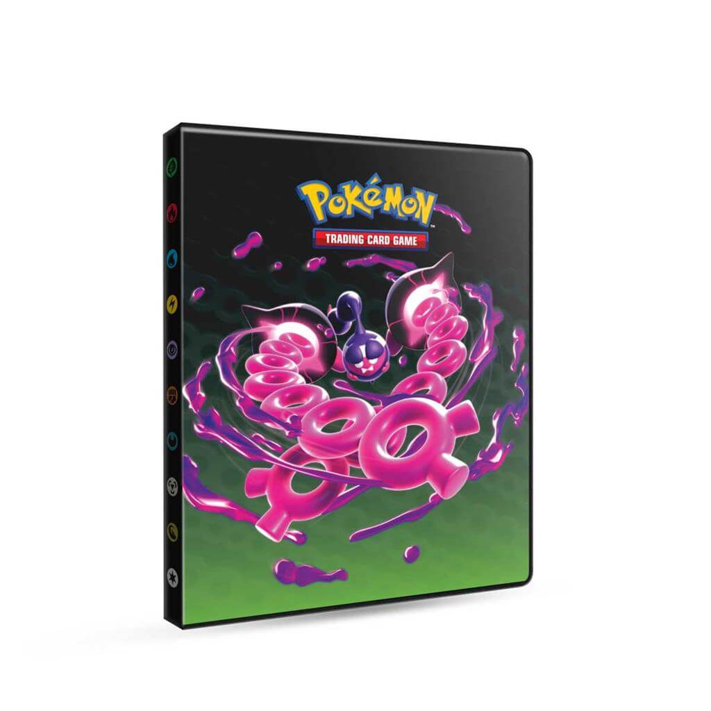Pokémon 4-Pocket Portfolios for Pokémon feature a vibrant, full-art cover of Pecharunt and The Loyal Three (Okidogi, Munkidori, and Fezandipiti) from Pokémon Scarlet and Violet. Each portfolio stores and protects up to 40 standard size cards single-loaded
