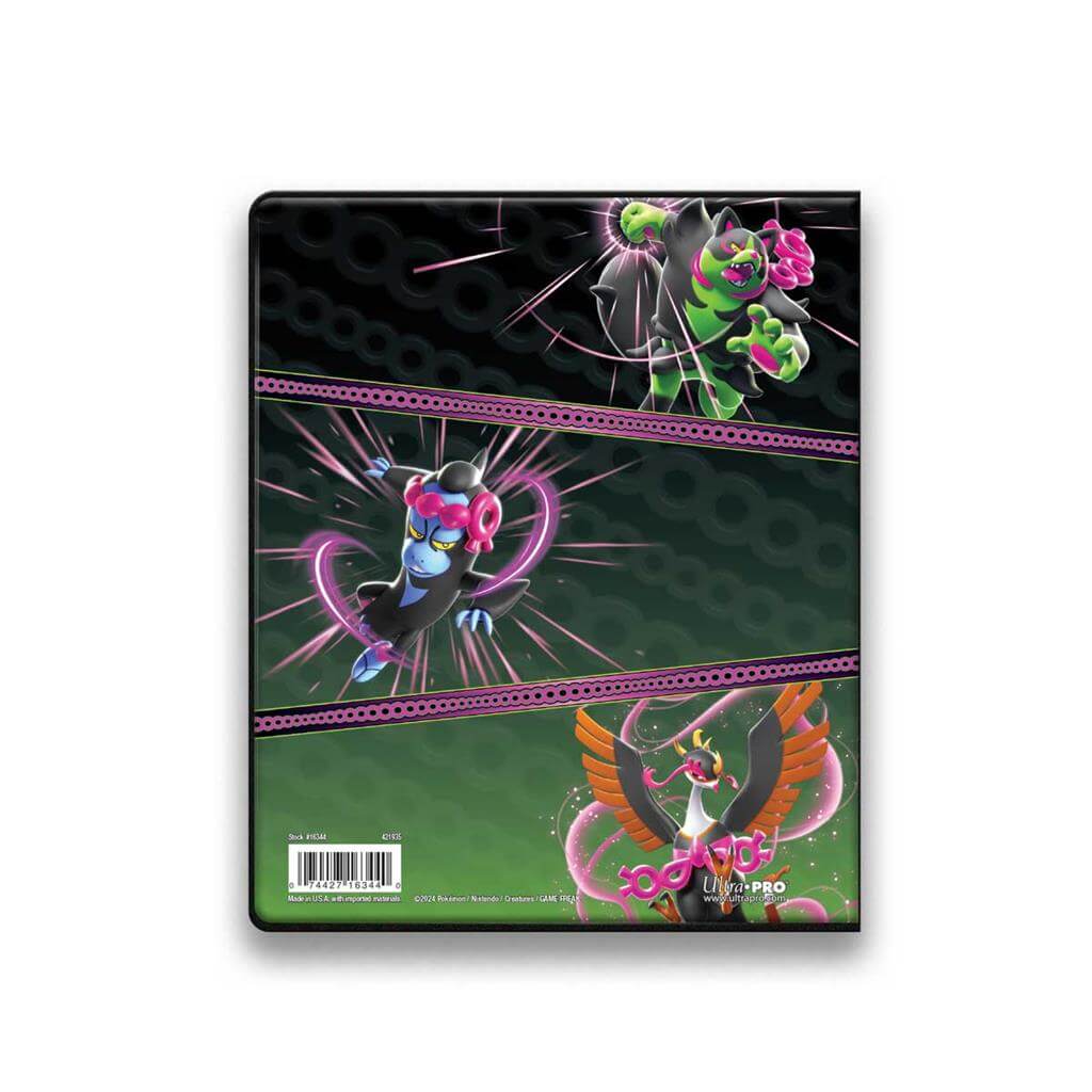 Pokémon 4-Pocket Portfolios for Pokémon feature a vibrant, full-art cover of Pecharunt and The Loyal Three (Okidogi, Munkidori, and Fezandipiti) from Pokémon Scarlet and Violet. Each portfolio stores and protects up to 40 standard size cards single-loaded