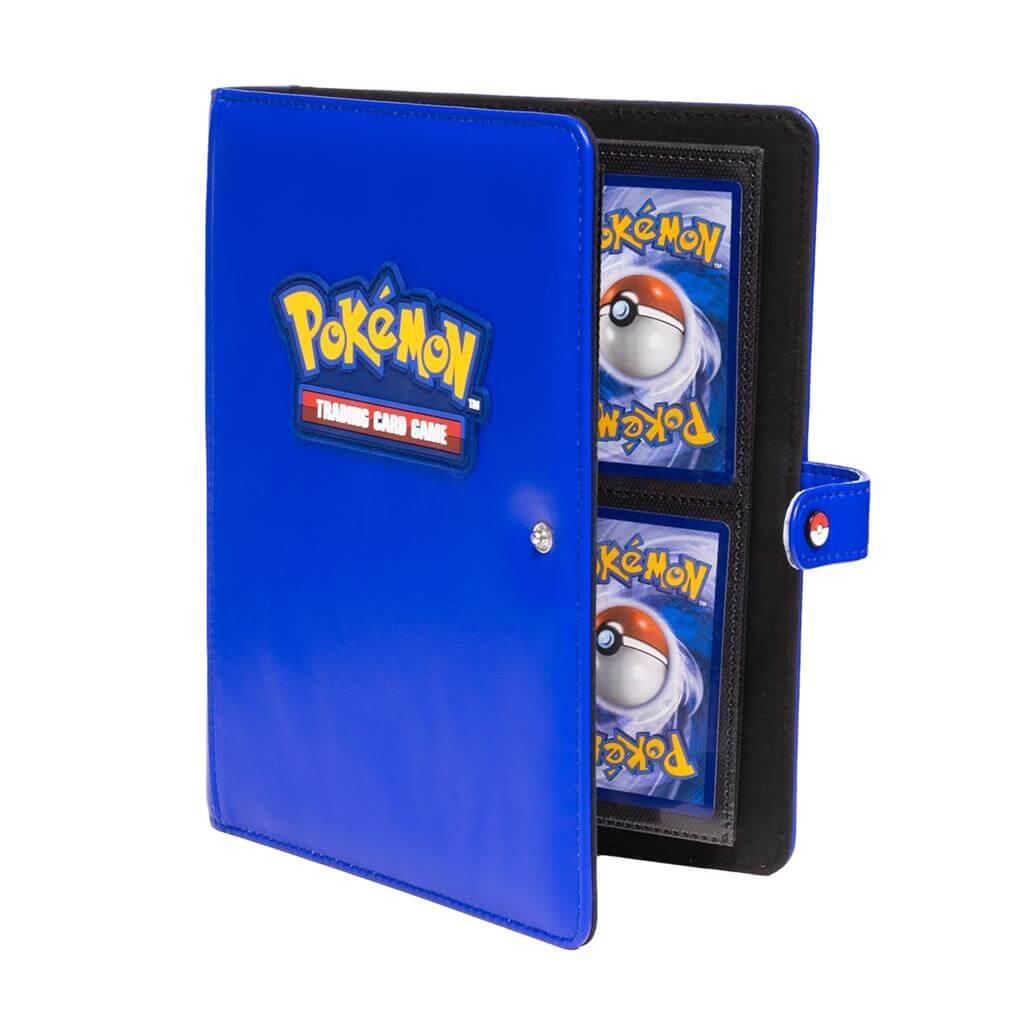 Pokémon The Premium Snap Binder for Pokémon is the ideal accessory for trading card collectors of every age! Each binder features a blue padded leatherette cover with a rubber Pokémon logo emblem, and can be securely closed with the enamel Pokéball snap o