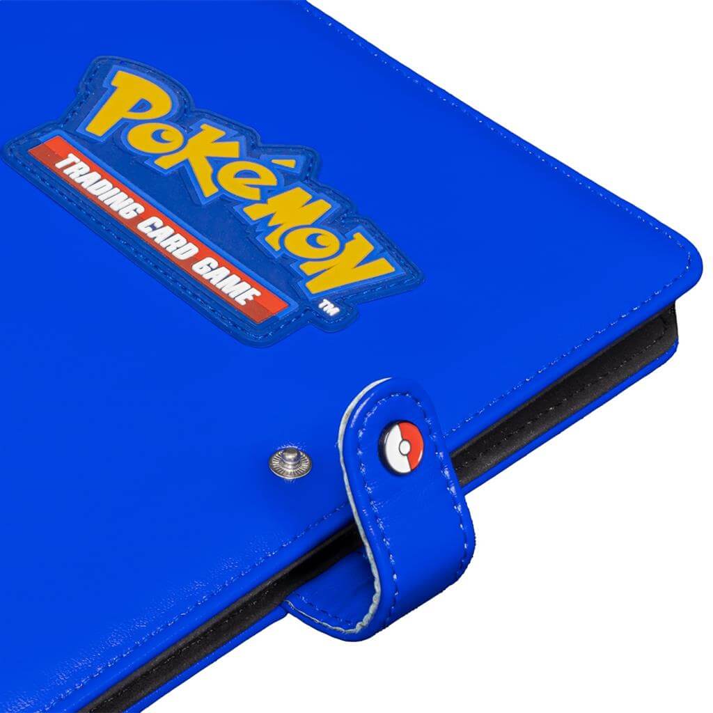 Pokémon The Premium Snap Binder for Pokémon is the ideal accessory for trading card collectors of every age! Each binder features a blue padded leatherette cover with a rubber Pokémon logo emblem, and can be securely closed with the enamel Pokéball snap o