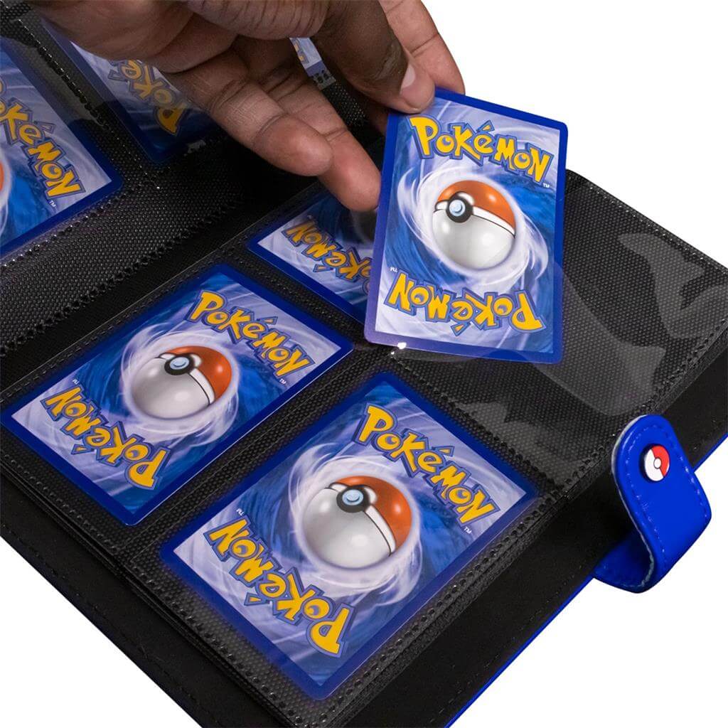 Pokémon The Premium Snap Binder for Pokémon is the ideal accessory for trading card collectors of every age! Each binder features a blue padded leatherette cover with a rubber Pokémon logo emblem, and can be securely closed with the enamel Pokéball snap o