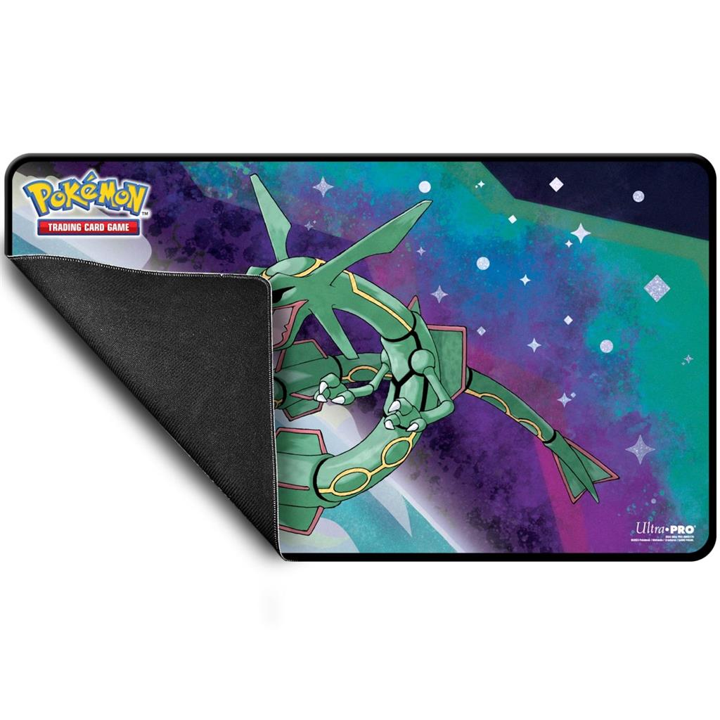 Pokémon Make it a game to remember with Legendary Foil Playmats for Pokémon! With vibrant, full-color artwork of legendary Pokémon Rayquaza, this playmat features premium spot foil starlight accents for added shine. Made with a soft fabric top to reduce d