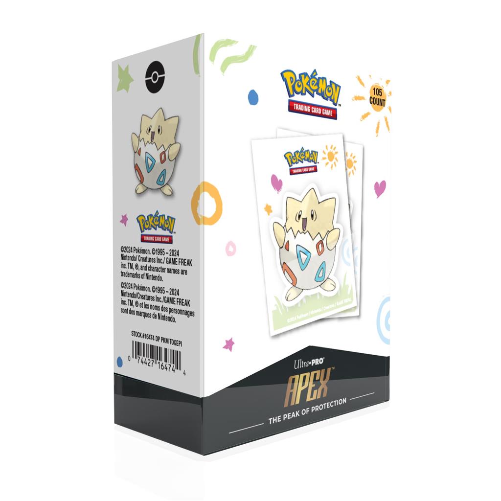 Pokémon The 105ct APEX™ Deck Protector Sleeves for Pokémon TCG are made with our new easy-shuffle formulation and feature vibrant artwork of Togepi among a joyous scene of colorful doodles on a textured back. Archival-safe polypropylene materials ensure y