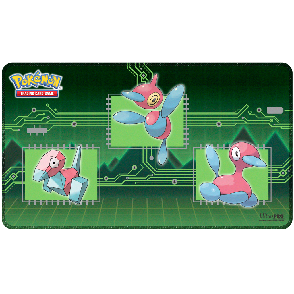 Pokémon This Stitched Playmat for Pokémon features vibrant, full-color artwork of Porygon, Porygon2, and Porygon-Z. Made with a soft fabric top to reduce damage to cards during play, and features a non-slip rubber backing to keep the playmat from shifting