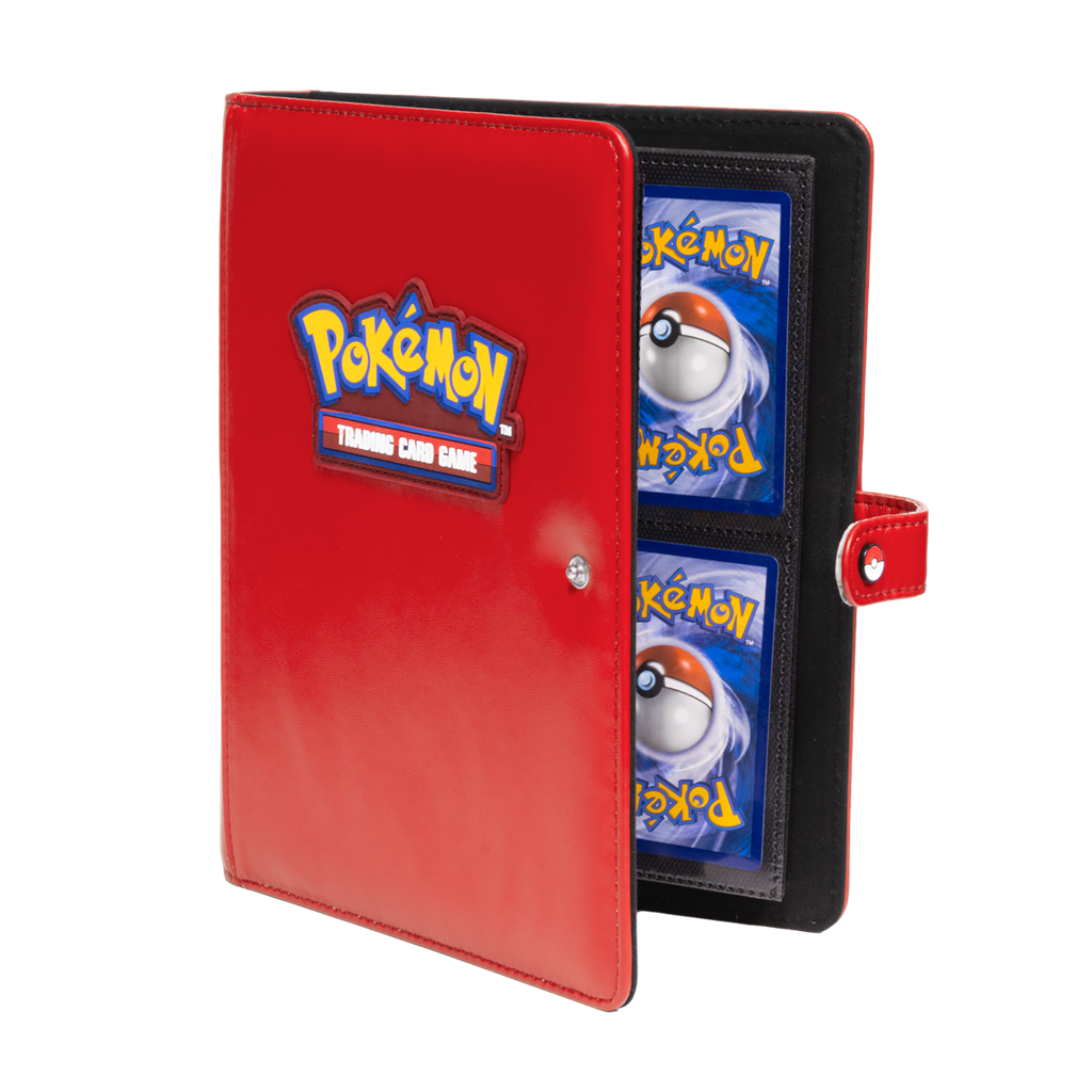 Pokémon The Premium Snap Binder for Pokémon is the ideal accessory for trading card collectors of every age!Each binder features a red padded leatherette cover with a rubber Pokémon logo emblem, and can be securely closed with the enamel Poké Ball snap on
