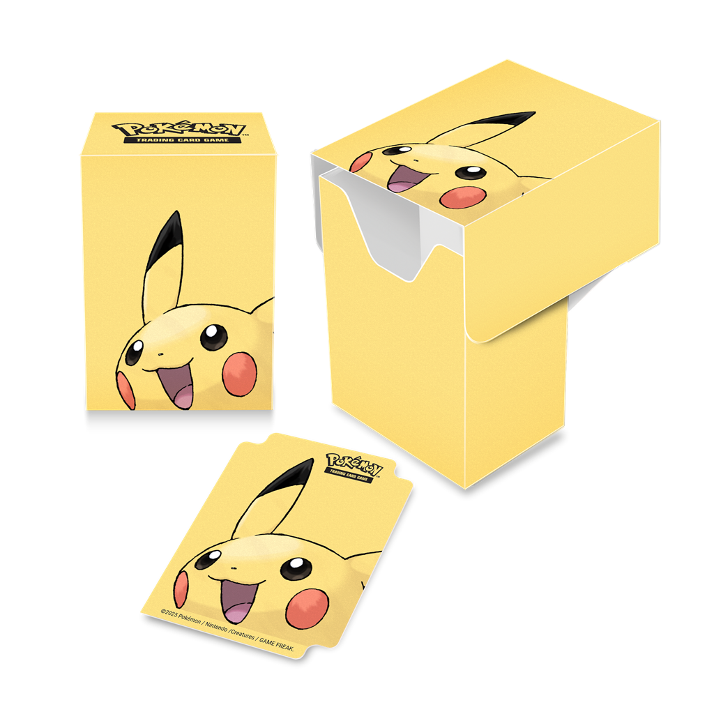 Pokémon Full View Deck Box® card storage containers for Pokémon feature vibrant, full-color artwork of Pikachu and include one matching deck divider. Made with archival-safe, non-PVC, rigid polypropylene materials, these deck boxes can store up to 75 doub
