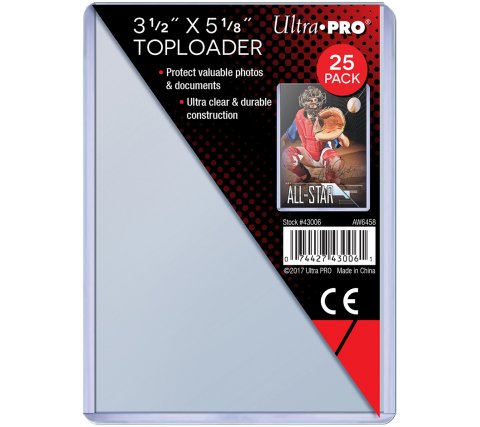 Accessoires 3-1/2" x 5-1/8" (88.9mm x 130.175mm) Toploader. Keeps cards, photos and other collectibles clean, recyclable. 25 Toploaders per pack.
