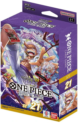 One Piece Gear 5 is nu inbegrepen in een Leader Card! Luffy heeft nu een Leader Card met zijn GEAR5-vorm, samen met de rest van de Straw Hat Crew en andere populaire personages. Deze set, One Piece - Starter Deck EX Gear 5 - ST21, bevat niet alleen het sa