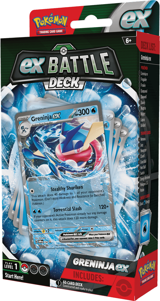 Pokémon Ga de strijd aan met deze Ex Battle Decks van Kangaskhan en Greninja! Elke Ex Battle Deck bevat: 1 set met 60 kaarten waarmee je direct aan de slag kunt 3 referentiekaarten 1 strategie overzicht 1 speelmat 1 damage counter sheet 1 munt 1 opbergbox