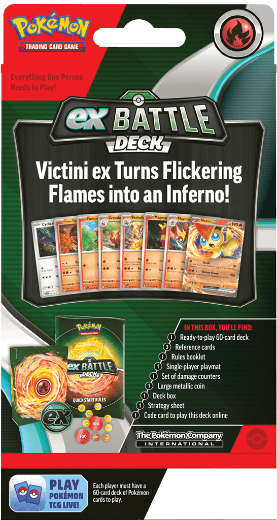 Pokémon De POK TCG May ex Battle Decks bevat: 1 set met 60 kaarten waarmee je direct aan de slag kunt 3 referentiekaarten 1 handleiding om snel te kunnen beginnen 1 single-player speelmat 1 set damage counters 1 munt 1 Deckbox 1 strategie overzicht 1 code