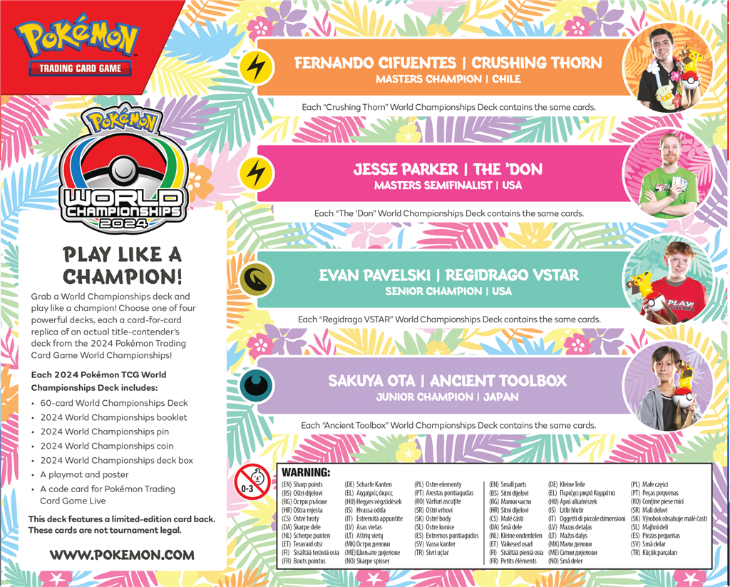 Pokémon Maak je klaar voor de strijd met de nieuwste Pokémon TCG World Champions Deck! Deze decks zijn replica's van decks die zijn gebruikt tijdens de Pokémon TCG Worlds 2024 in Hawaii. Elke Pokémon TCG World Champions Deck (WCS 2024) bevat: Deck bestaan