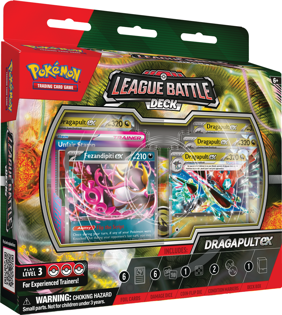 Pokémon Neem een duik en sla je tegenstanders knock-out met Dragapult ex!In dit product vind je de volgende items: 1 klaar om te spelen 60-kaart deck 6 toernooiklare schade-dobbelstenen 1 coin-flip dobbelsteen 2 munt-conditiemarkers 1 deck box 1 strategie