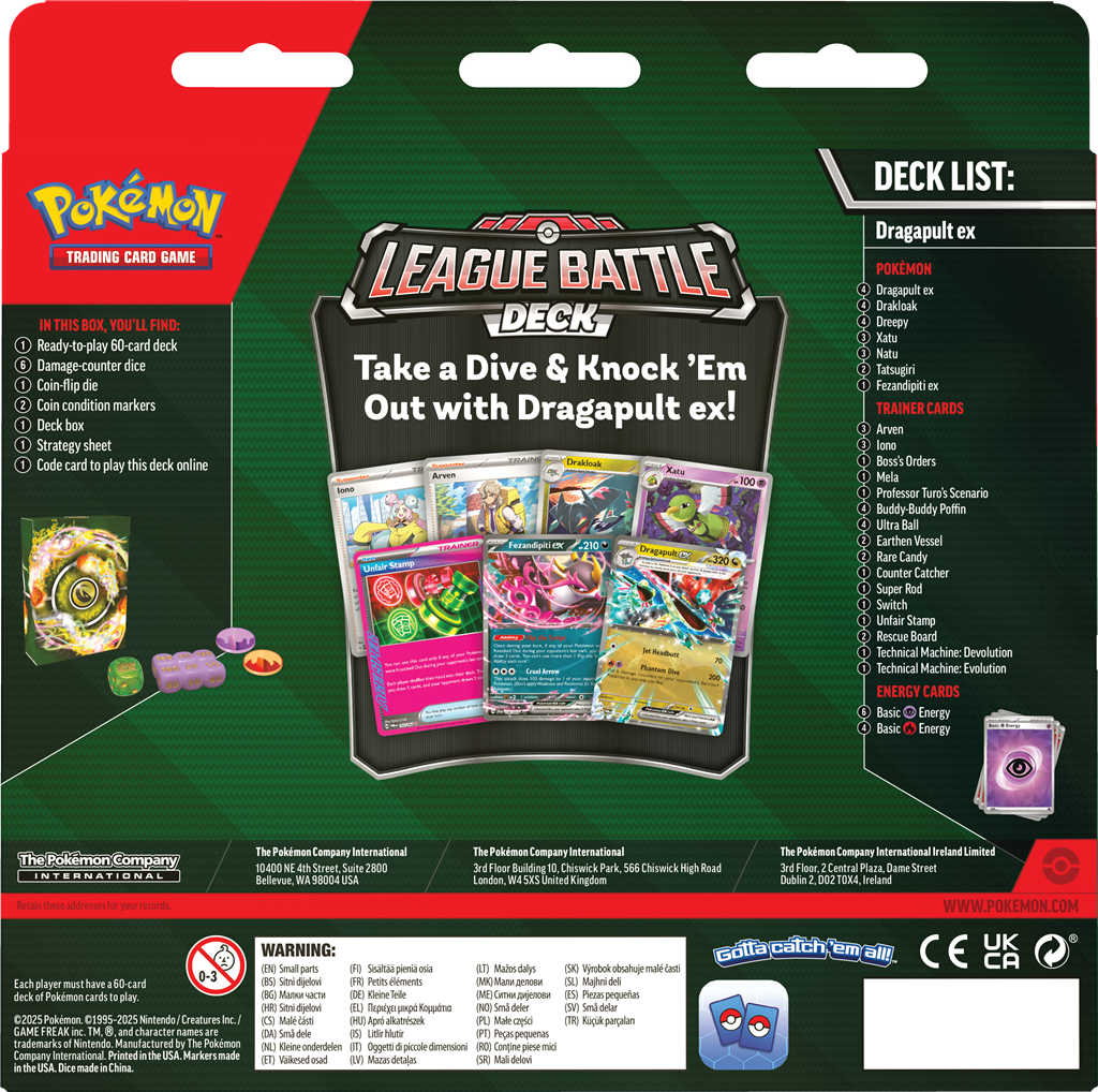 Pokémon Neem een duik en sla je tegenstanders knock-out met Dragapult ex!In dit product vind je de volgende items: 1 klaar om te spelen 60-kaart deck 6 toernooiklare schade-dobbelstenen 1 coin-flip dobbelsteen 2 munt-conditiemarkers 1 deck box 1 strategie