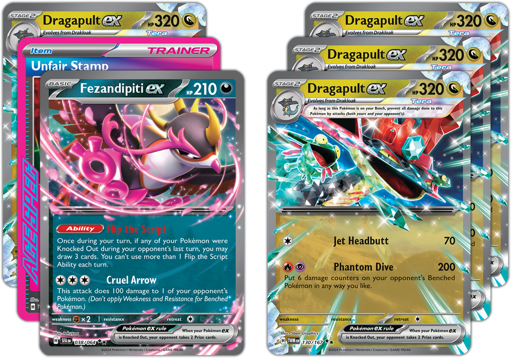 Pokémon Neem een duik en sla je tegenstanders knock-out met Dragapult ex!In dit product vind je de volgende items: 1 klaar om te spelen 60-kaart deck 6 toernooiklare schade-dobbelstenen 1 coin-flip dobbelsteen 2 munt-conditiemarkers 1 deck box 1 strategie