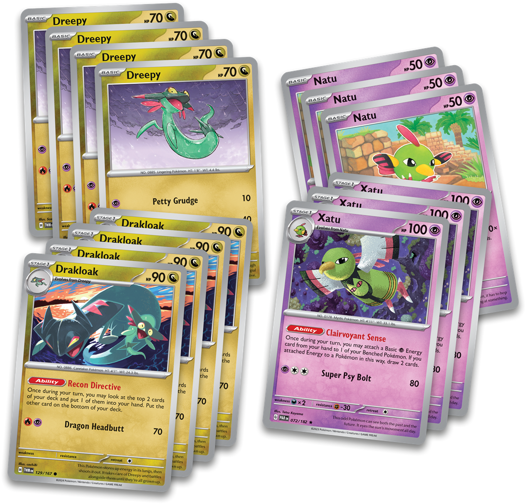 Pokémon Neem een duik en sla je tegenstanders knock-out met Dragapult ex!In dit product vind je de volgende items: 1 klaar om te spelen 60-kaart deck 6 toernooiklare schade-dobbelstenen 1 coin-flip dobbelsteen 2 munt-conditiemarkers 1 deck box 1 strategie