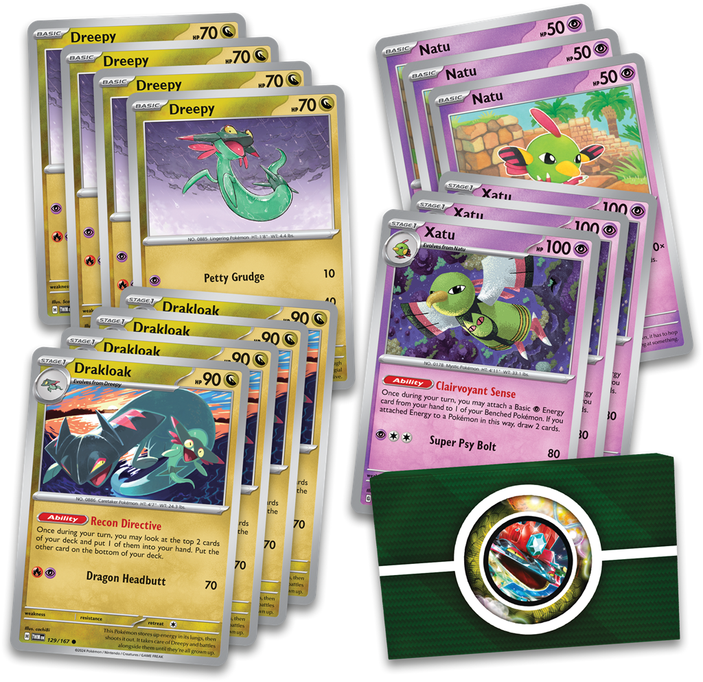 Pokémon Neem een duik en sla je tegenstanders knock-out met Dragapult ex!In dit product vind je de volgende items: 1 klaar om te spelen 60-kaart deck 6 toernooiklare schade-dobbelstenen 1 coin-flip dobbelsteen 2 munt-conditiemarkers 1 deck box 1 strategie