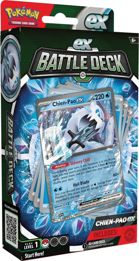 Pokémon Ga de strijd aan met deze Ex Battle Decks van Chien-Pao en Tinkaton! Elke Ex Battle Deck bevat: 1 set met 60 kaarten waarmee je direct aan de slag kunt 3 referentiekaarten 1 strategie overzicht 1 speelmat 1 damage counter sheet 1 munt 1 opbergbox