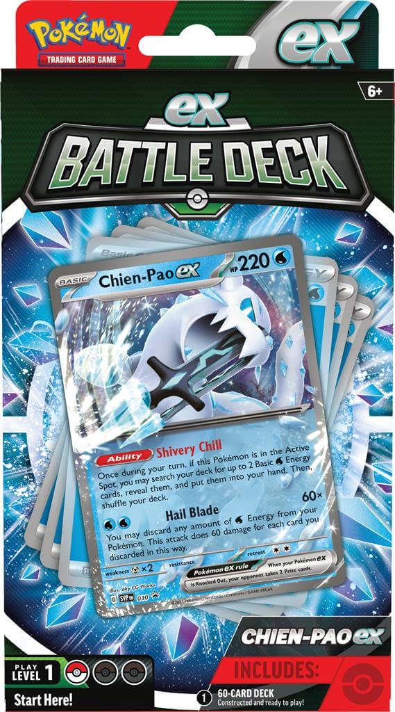 Pokémon Ga de strijd aan met deze Ex Battle Decks van Chien-Pao en Tinkaton! Elke Ex Battle Deck bevat: 1 set met 60 kaarten waarmee je direct aan de slag kunt 3 referentiekaarten 1 strategie overzicht 1 speelmat 1 damage counter sheet 1 munt 1 opbergbox