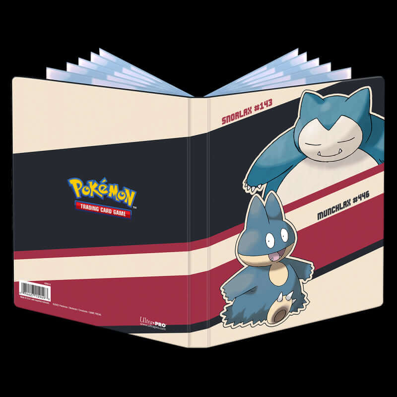 Pokémon 9-Pocket Portfolios for Pokémon feature a vibrant, full-art cover of Snorlax and Munchlax. Each portfolio stores and protects up to 90 standard size cards single-loaded and 180 cards double-loaded in archival-safe polypropylene pages. Made in Cali