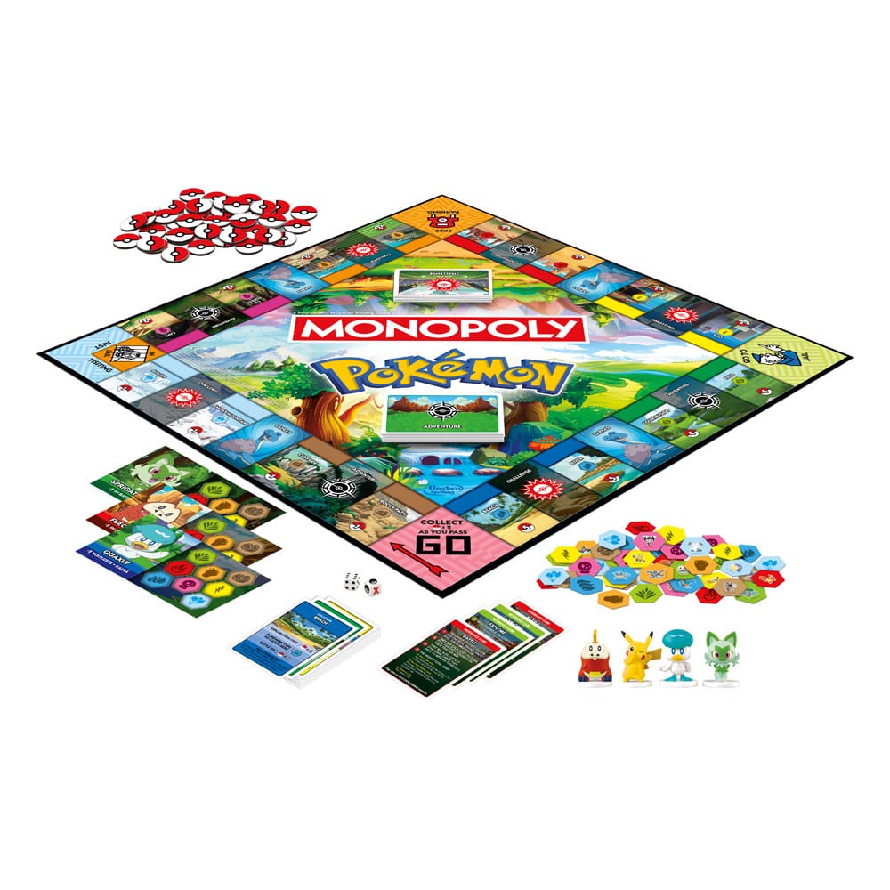 UITVERKOOP Race to catch the wild Pokémon! The Monopoly Pokémon Edition game combines classic Monopoly gameplay with thrilling Pokémon-catching action. Play as a Pokémon Trainer adventuring through a vast land with a Pokémon partner. In this fun kids game