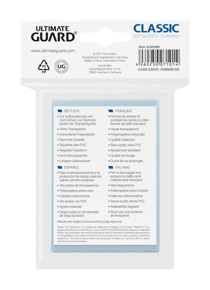 Accessoires This pack contains 100 card sleeves for all standard sized gaming cards, like Magic the Gathering™, Pokemon™ and others.- High clearness- Extra clear polypropylene- Collector´s grade- Acid free, no PVC- Regular fit- Archival safe- Sleeve size:
