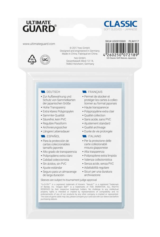 Accessoires This pack contains 100 card sleeves for all Japanese sized gaming cards, like Yu-Gi-Oh!™ and others.- High clearness- Extra clear polypropylene- Collector´s grade- Acid free, no PVC- Regular fit- Archival safe- Sleeve size: 62 x 89 mm