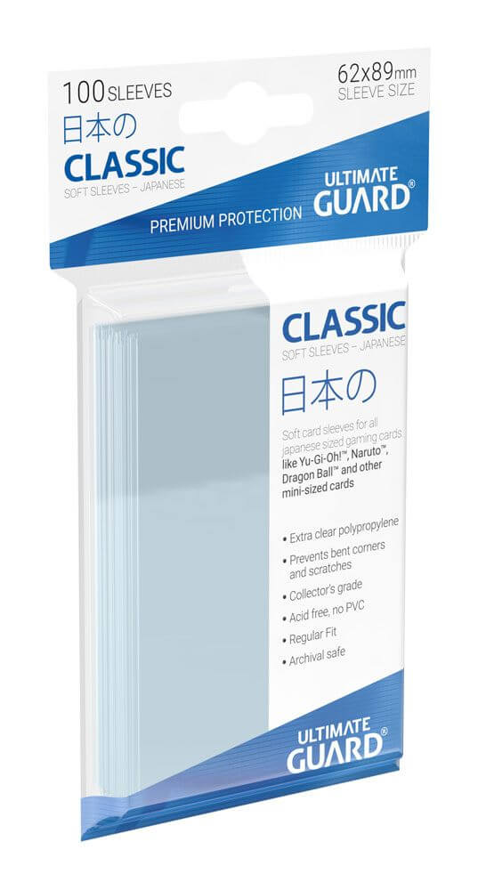 Accessoires This pack contains 100 card sleeves for all Japanese sized gaming cards, like Yu-Gi-Oh!™ and others.- High clearness- Extra clear polypropylene- Collector´s grade- Acid free, no PVC- Regular fit- Archival safe- Sleeve size: 62 x 89 mm