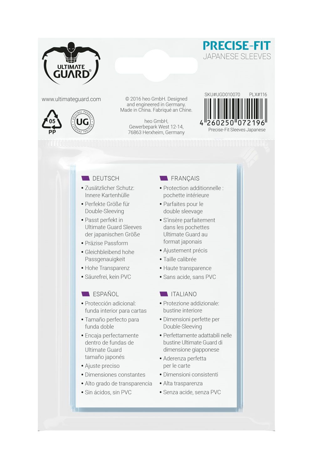 Accessoires This pack contains 100 interior card sleeves for additional protection of all Japanese sized gaming cards, like Yu-Gi-Oh!™ and others.- Fits perfectly into ULTIMATE GUARD Sleeves japanese size (sleeve in sleeve)- Precision card fit- Consistent