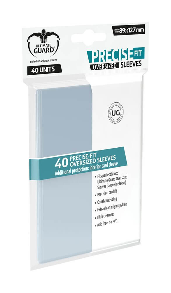 Accessoires These sleeves fit perfectly into ULTIMATE GUARD Oversized Sleeves (sleeve in sleeve). Perfect for Magic the Gathering(TM) Commander and other oversized cards. 40 sleeves per pack.- Precision card fit- Consistent sizing- Extra clear polypropyle