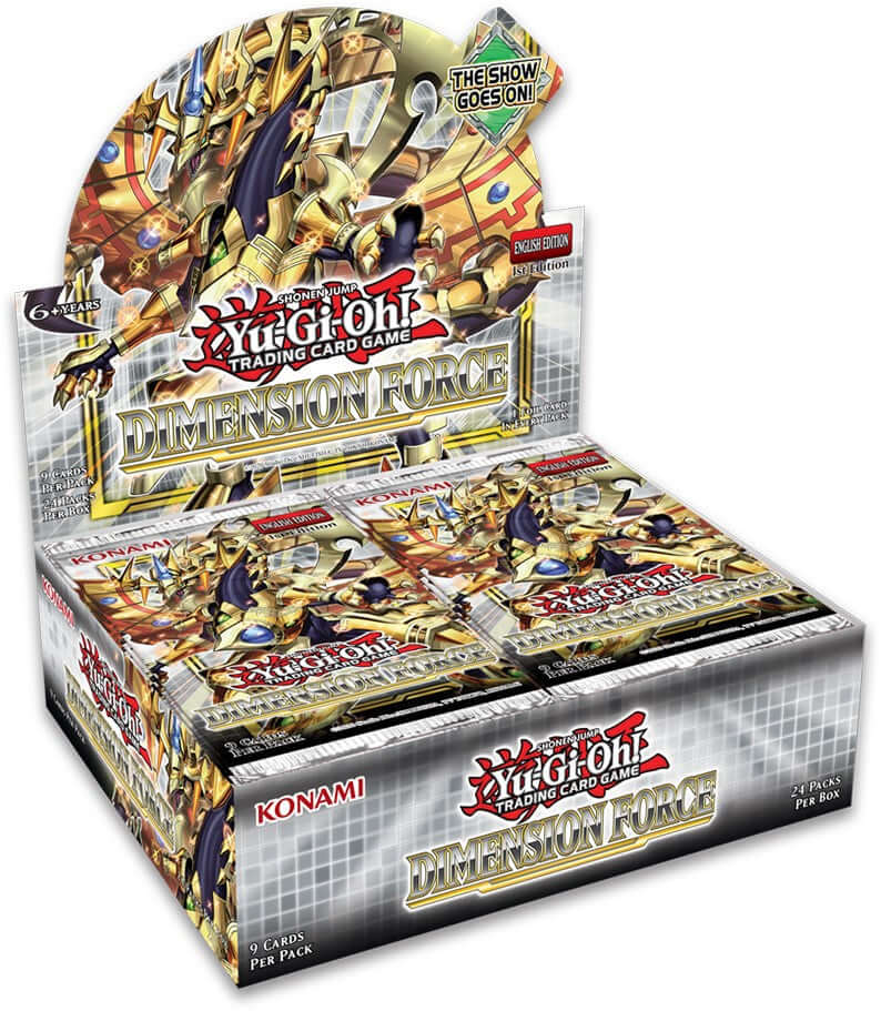 Yu-Gi-Oh Break down the barriers of reality with Dimension Force, the latest core booster for the Yu-Gi-Oh! TRADING CARD GAME (TCG). This 100-card set includes multiple brand-new themes as well as new cards for older strategies. Fans of Yu-Gi-Oh! ARC-V ca