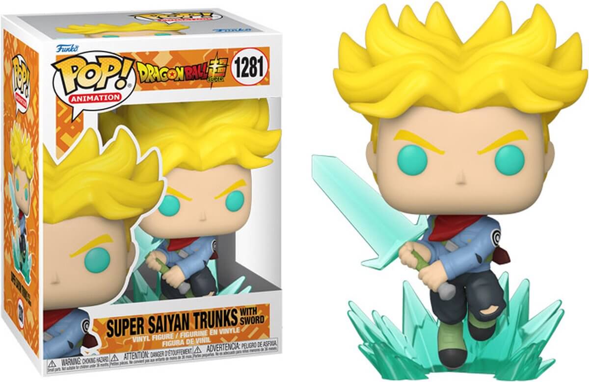 Dragon Ball Funko Pop! van Super Saiyan Trunks with Sword uit Dragonball Super.De figure met nummer 1281 is gemaakt van pvc, ongeveer 9cm groot en komt in kleurrijke display verpakking.