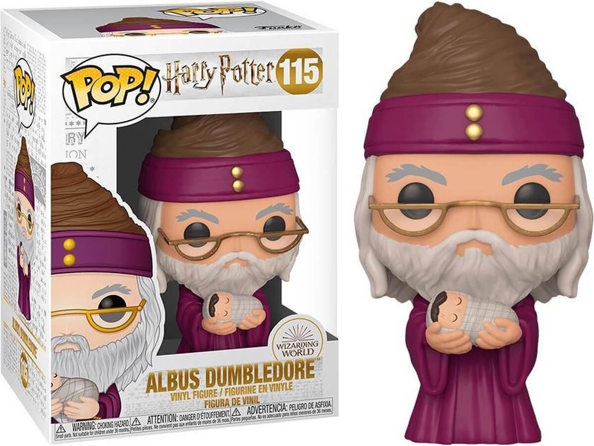 UITVERKOOP Funko Pop! van Dumbledore with Baby Harry uit de boekenreeks en films van Harry Potter. De figure is gemaakt van pvc en is ongeveer 9 cm groot.