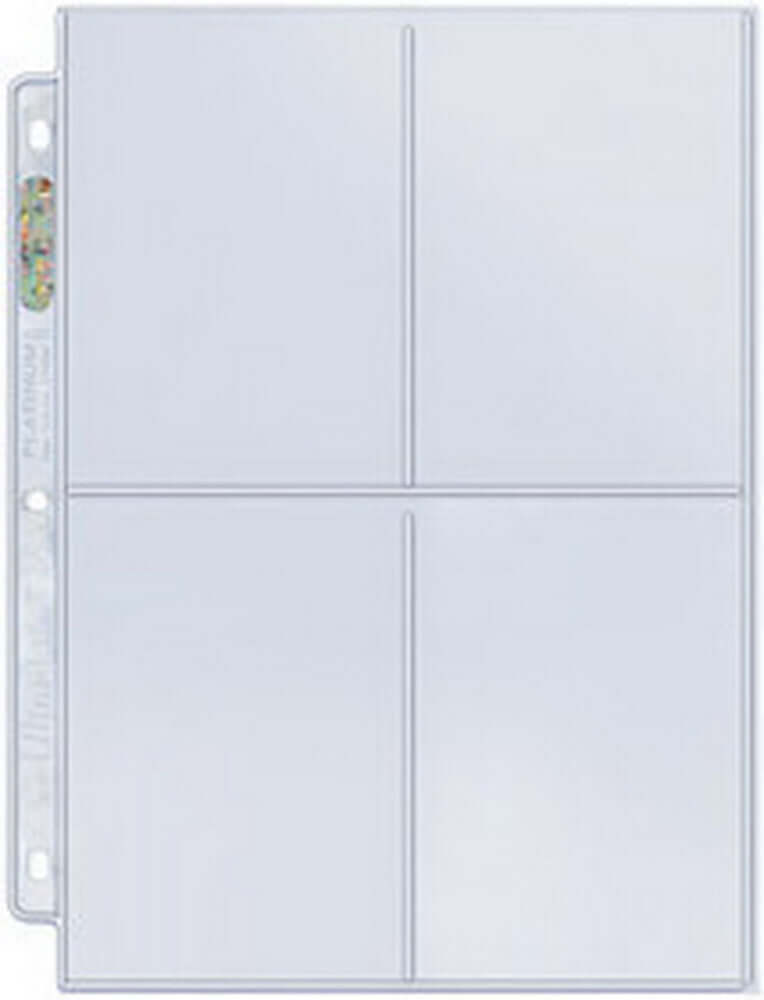 Accessoires De Toploader 4-Pocket Secure Page is de nieuwste toevoeging aan de Ultra PRO Platinum Hologram Pages Line. Passen kaarten in van 12,5cm x 17,5 of kleiner. De pagina's zijn doorzichtig en passen in de standaard 3-rings albums van Ultra Pro. Een